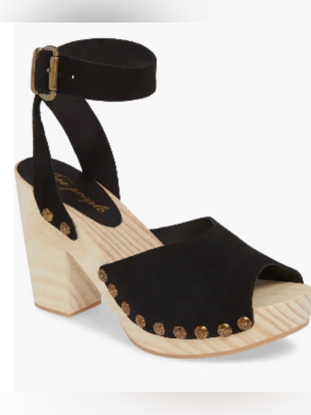Free People Pasadena Clogs Black Suede Studded Wooden Platform Sandals Peep Toe - Picture 3 of 16